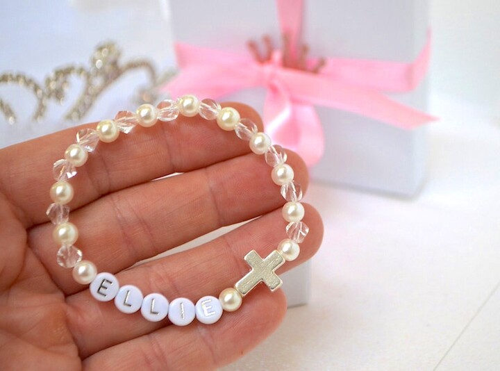 Etsy Pearl Crystal Sparkle Cross Bracelet, Girls Personalized First Communion Silver Kids Confirmation