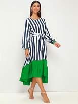 Thumbnail for your product : Shein Bishop Sleeve Contrast Ruffle Hem Striped Dress