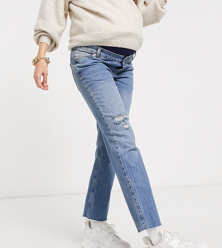 ASOS Maternity ASOS DESIGN Maternity high rise stretch \'effortless\' crop  kick flare jeans in midwash with thigh rip and over the bump waistband -  ShopStyle