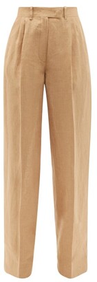 Fendi Ff-embroidered Linen Wide-leg Trousers - Light Beige