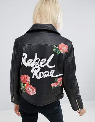 ASOS Leather Biker Jacket In Black With Rebel Rose Back Print