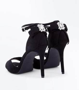 New Look Wide Fit Black Brooch Bow Back Heeled Sandals
