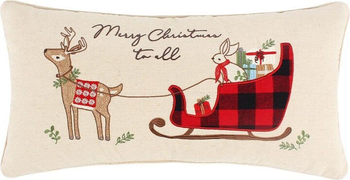 LEVTEX HOME Home for Christmas Beige Plaid Sleigh Embroidered Applique 12 in. x 24 in. Throw Pillow