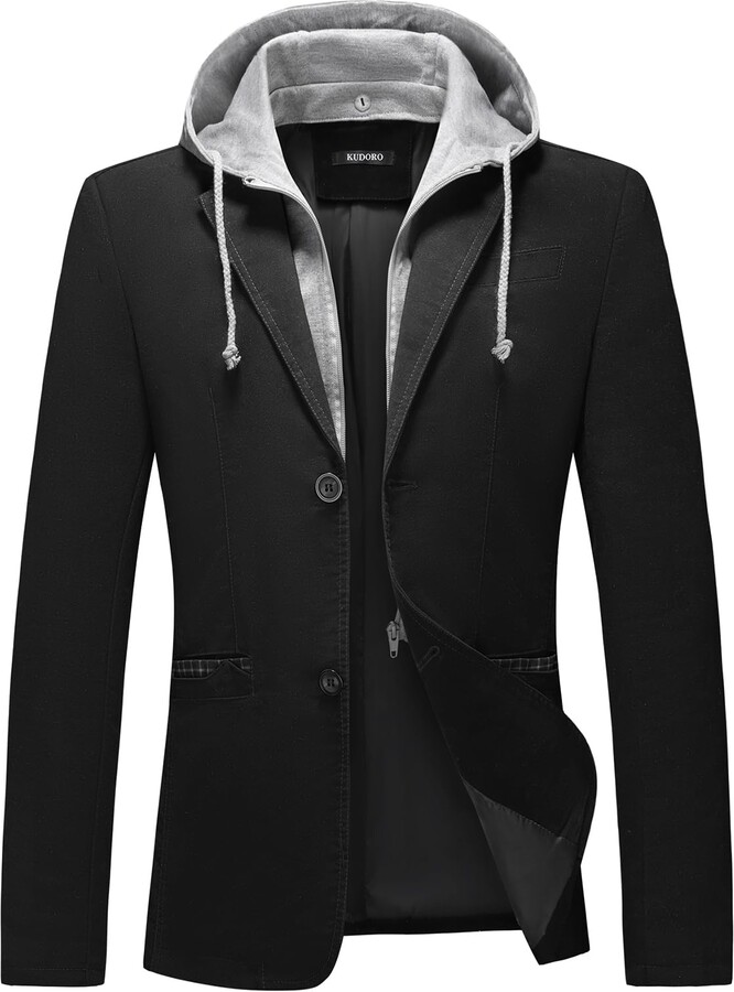 KUDORO Mens Blazer Jacket with Detachable Hood Slim Fit Suit Jackets Two Button Casual Tuxedo