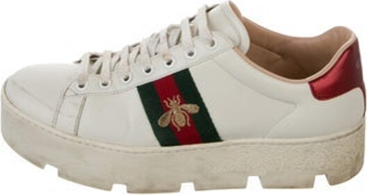 Gucci Leather Low Top Sneakers White Web Accent & Bee Accent Rubber Trim Round-Toes Platform Lace-Up Closure at Uppers Designer
