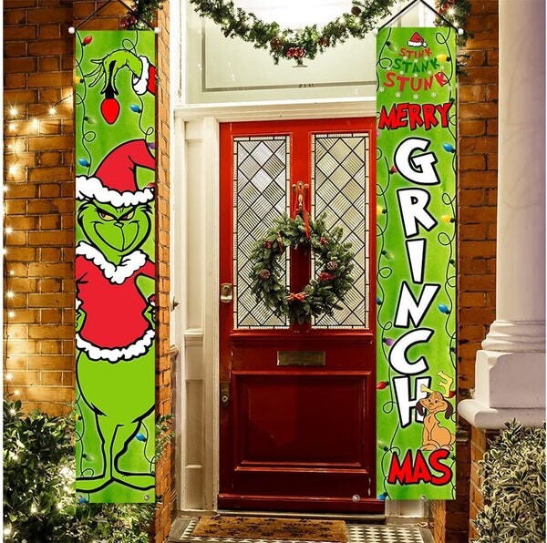 Grinch Christmas Decorations - Grinch Welcome Porch Sign Grinch Christmas Hanging Banners for Indoor Outside Front Door Living Room Kitchen