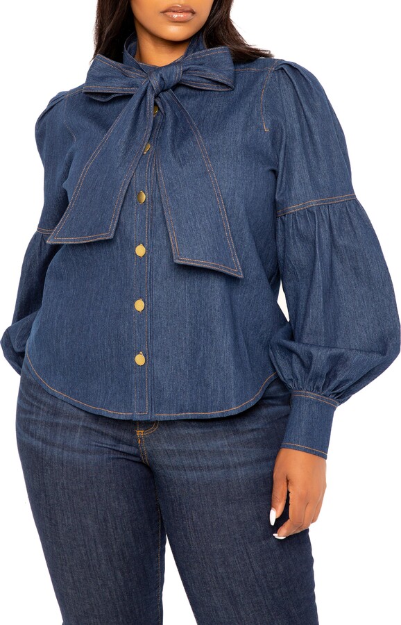 BUXOM COUTURE Bow Neck Puff Shoulder Denim Shirt