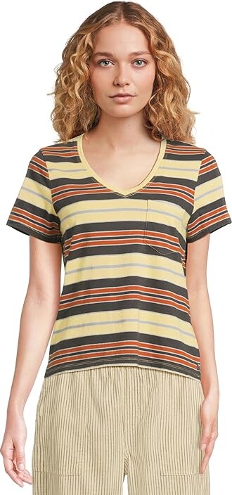 Toad&Co Grom V Neck Short Sleeve Shirt Women's Clothing Straw Stripe : MD, Cotton/Hemp