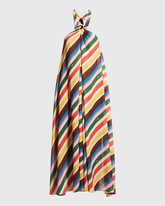 Ganni Light Chiffon Striped Halter Coverup Maxi Dress