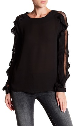 Romeo & Juliet Couture Pleated Trim Mesh Long Sleeve Blouse