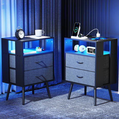 2 Pack Modern Nightstand With Charging Function And Led, Bedside Tables Fabric Drawers, 2Ac+2Usb Socket For Desk Lamp Mobile Phones, Remote-Controlled