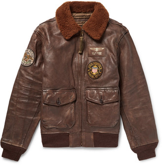 Polo Ralph Lauren G1 Appliquéd Shearling-Trimmed Distressed Leather Bomber Jacket