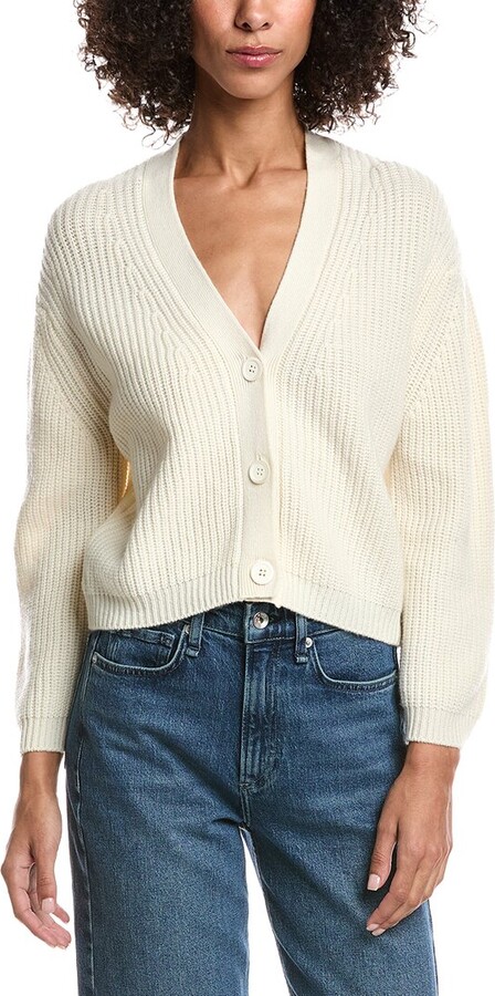 Forte Cashmere Wool & Cashmere-Blend Short Rib V-Neck Button Cardigan