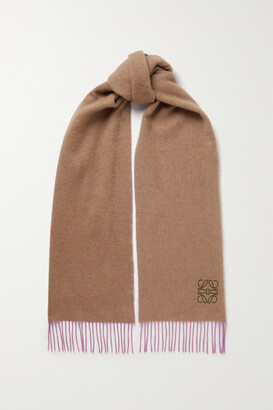 Loewe Fringed Logo-embroidered Two-tone Wool And Cashmere-blend Scarf - Camel