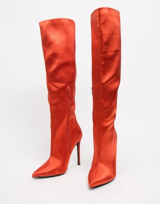 ASOS DESIGN Carly pull on knee boots in rust satin