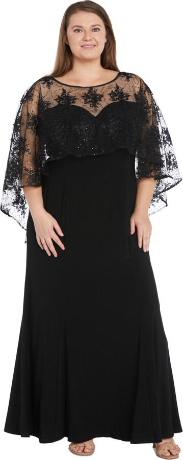 R & M Richards Plus Size Embroidered-Capelet Gown - Black/Taupe