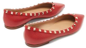 Valentino Rockstud Grained Leather Flats - Womens - Red
