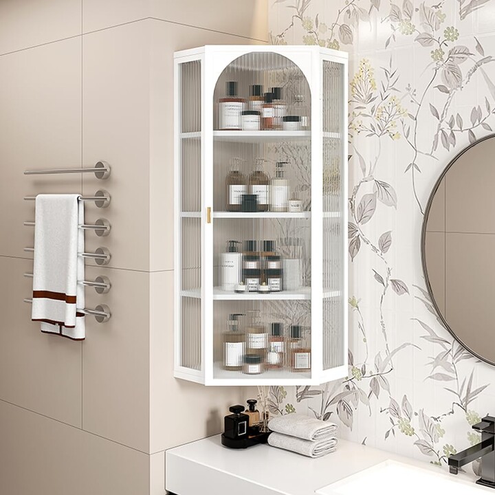 Uneeruiqy Bathroom Wall Mounted Corner Cabinet with Ribbed Glass Doors ...