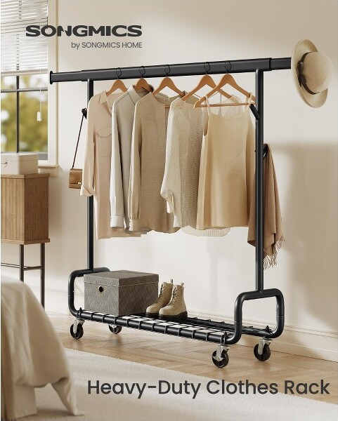 SONGMICS HOME Heavy-DutyRollingGarmentRackwithExtendableHangingRod440lbCapacityAdjustableHeightwithShelfandHooksMobileClothingOrganizerBlack