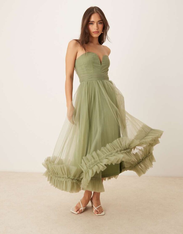 Lace & Beads corset tulle ruffle hem midaxi dress in soft olive
