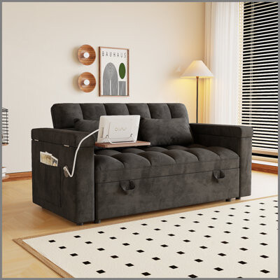 Latitude Run 65-inch 3-in-1 foldable large-size sofa bed with table board and UAB, armrests with storage function. Modern velvet double sofa, sofa bed with adjusta