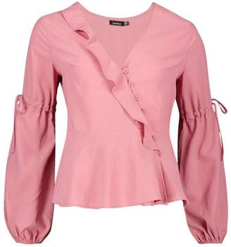 boohoo Button Front Tie Detail Tailored Blouse