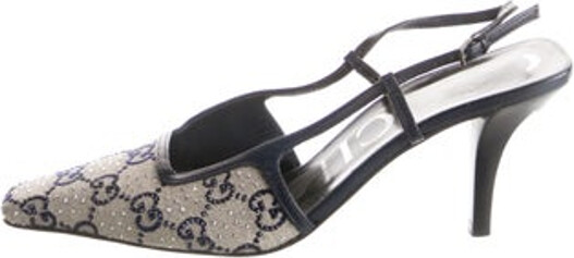Gucci Jacquard Slingback Pumps Neutrals GG Canvas Leather Trim Leather & Crystal Accents Square-Toes Buckle Closure at Ankles Includes Dust Bag