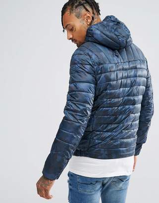 Pull&Bear Quilted Jacket With Hood In Blue Camo