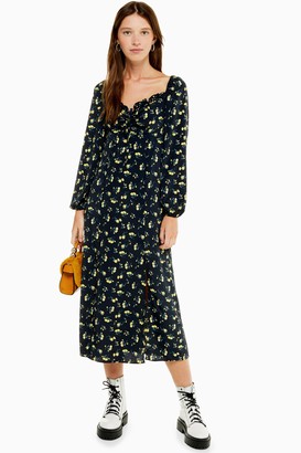 Topshop Womens Black And Yellow Floral Print Prairie Square Neck Midi Dress - Black