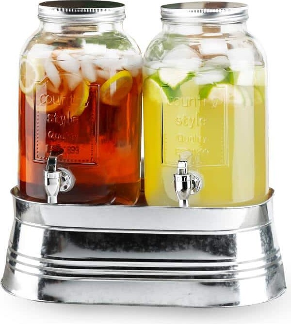 Style Setter Classic Farmhouse Set of 2-1 Gal. Clear, Cold Beverage Glass Dispenser with Bucket Stand and Leak Proof Acrylic Spigot