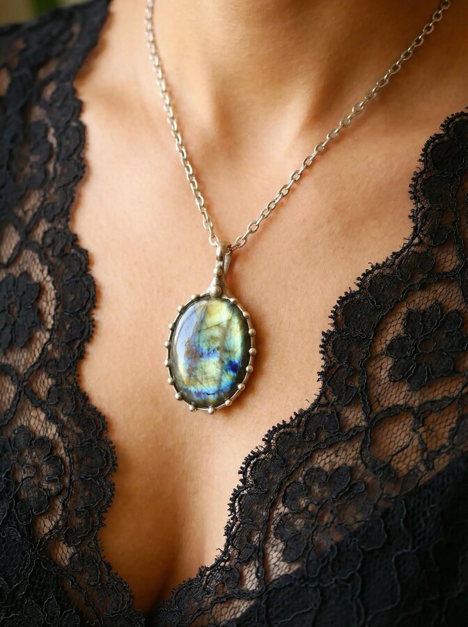 Etsy Labradorite Pendant Necklace - Handmade Natural Gemstone, Boho Crystal Jewelry, Flashy Labradorite, Gift For Her