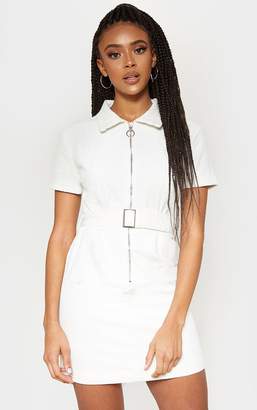 PrettyLittleThing Cream Cord Zip Front Belted Dress