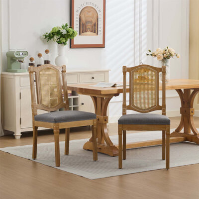 One Allium Way Full Solid Wood Rattan-Back Dining Chair Matte Linen Cushion With High-Resilience Foam & S-Springs Perfect For Rustic/Style Dining Room Café With C