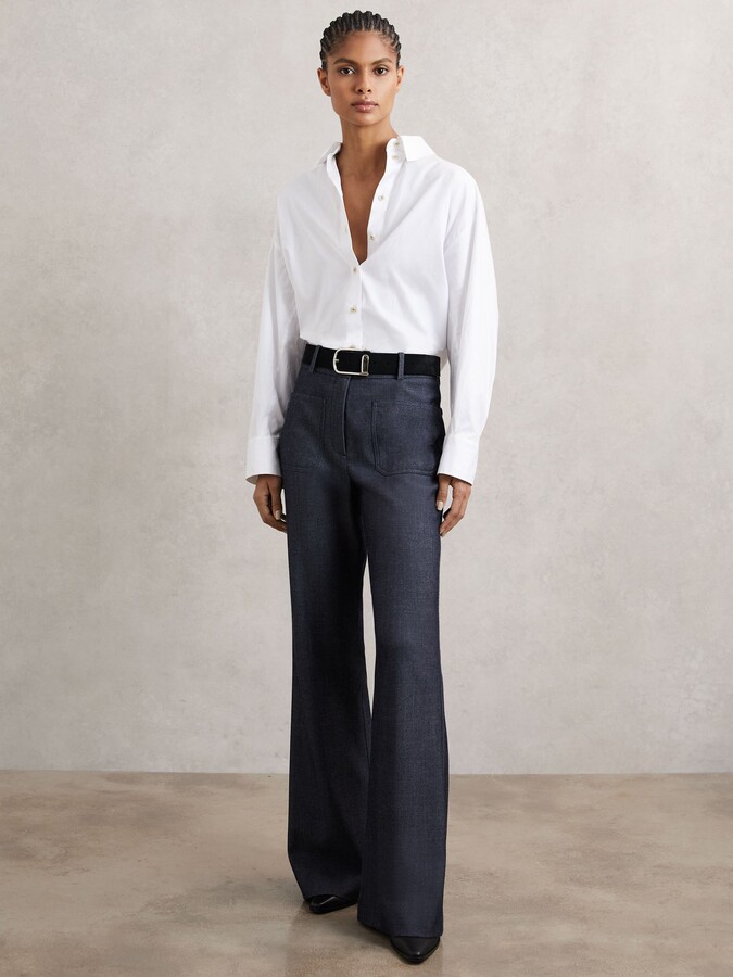 Reiss Petite Flannel Patch-pocket Flared Trousers With Wool