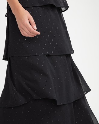 Express Metallic Clip Dot Ruffle Tiered Halter Maxi Dress