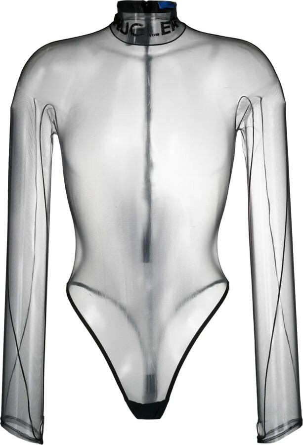 Thierry Mugler Logo-Embossed Sheer Bodysuit
