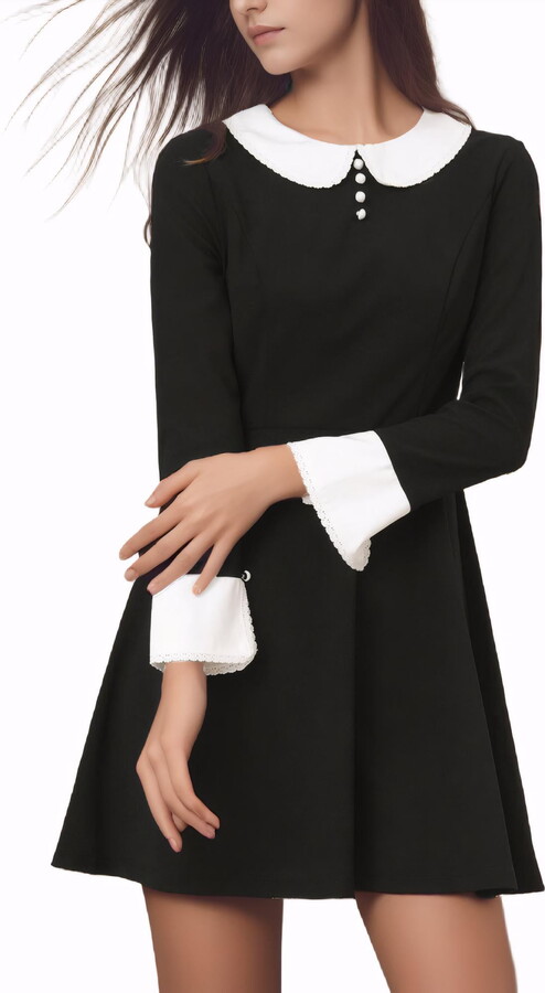 Unique Bargains Women’s Contrast Peter Pan Collar Button Decor Flare Dress L Black