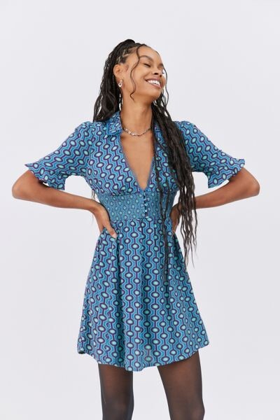 Urban Outfitters $59 Navy Blue Floral Pattern Party Ruched Mini 258 mv Dress S L 