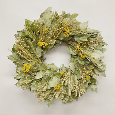 Dried Flowers and Wreaths LLC Dried Flower 22" Leaves, Flax, and Yellow Yarrow Wreath