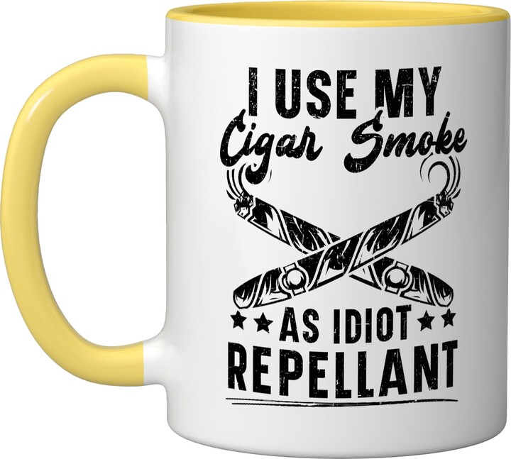 Cigarette Cigar Tobacco Smoking SteMi Apparel Cigar Smoking Tobacco Smoke Cigarette Smoker Cigar Lover Ceramic Mug, Yellow/White