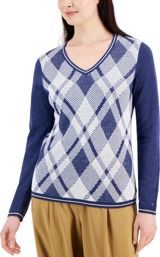 Tommy Hilfiger Women's Argyle V-Neck Long-Sleeve Sweater - Denim Heather/  Ivory - ShopStyle