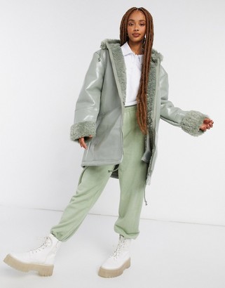 ASOS DESIGN Leather look parka with borg lining in sage