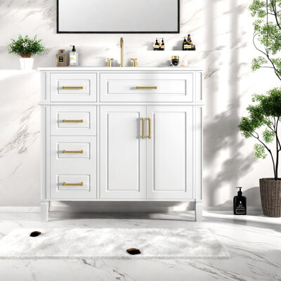 Latitude Run Modern 36-inch Vanity And Sink, White, Pinewood And Mdf Construction With Gold Handles