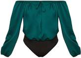 Thumbnail for your product : PrettyLittleThing Forest Green Satin Keyhole Longsleeve Bardot Thong Bodysuit