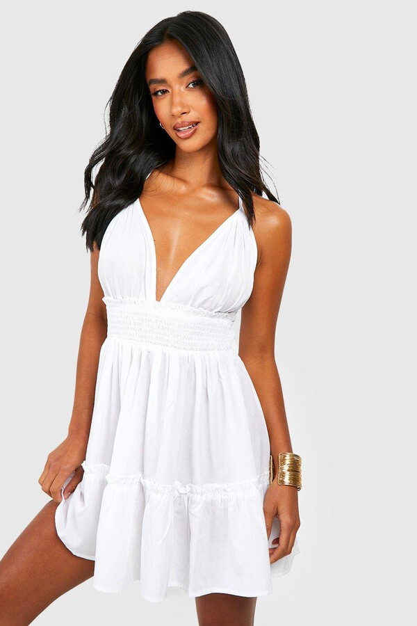 boohoo Petite Ruched Waist Frill Halter Neck Beach Dress ShopStyle