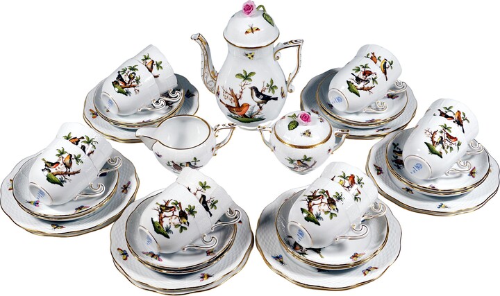 Herend Rothschild Oiseaux Coffee & Dessert Set For 12 Persons Hungary 20th C.