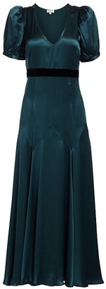 Black Iris The Daisy Puff-Sleeve Silk A-Line Midi Dress