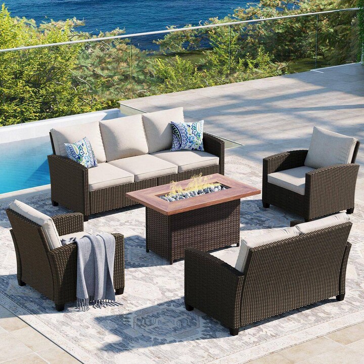 DIFY 5-Piece Wicker Patio Fire Pit Conversation Set with Sofa, Loveseat, Chairs and Beige Cushions for Outdoor Use
