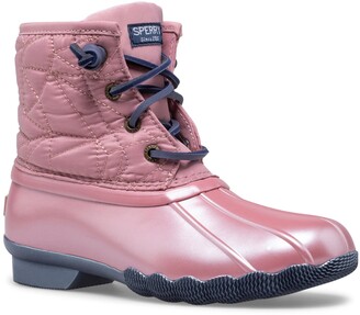 grey and pink duck boots