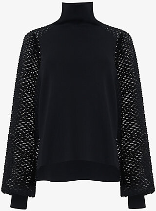 Leem Womens Black Mesh-Sleeve Knitted Jumper S
